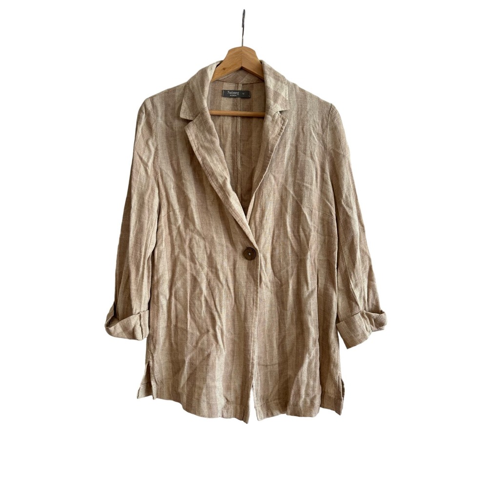 Nutmeg Women Tan striped linen blend blazer one button spring professional 10